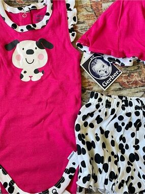100% cotton Gerber Hot Pink Puppy Bodysuit with Black and White Dalmatian Print